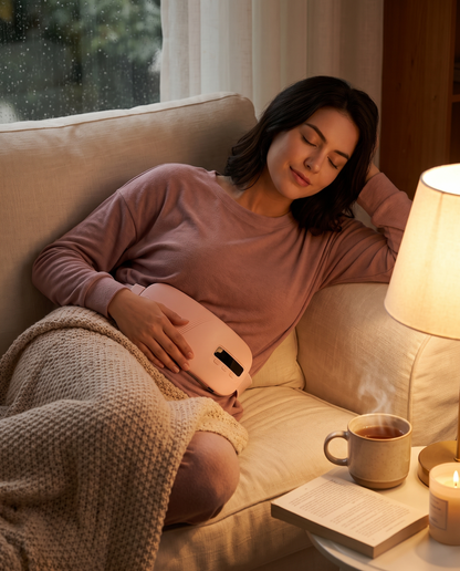 Woman relaxing on the sofa in the evening wearing the Comfort Belt