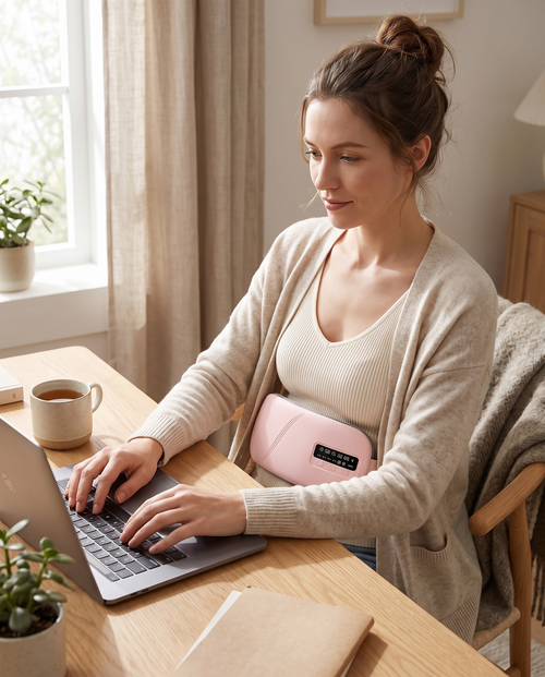 Woman working at her desk wearing the Comfort Belt under an open cardigan