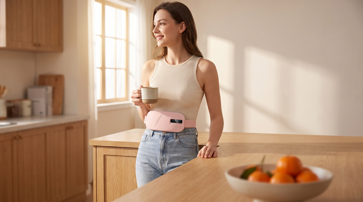 Woman in her kitchen in the morning wearing the Comfort Belt
